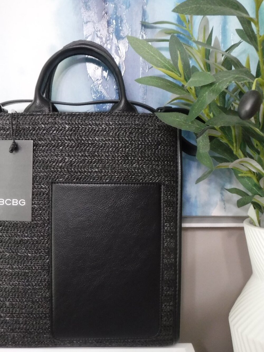 BCBG Whip Stitch Straw Black North South Tote NWT